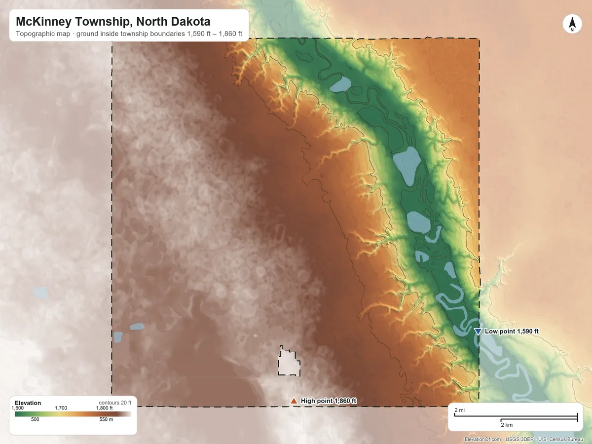 Topographic elevation map of McKinney Township, North Dakota, shaded from 1,590 ft on the southeast side to 1,860 ft on the south side