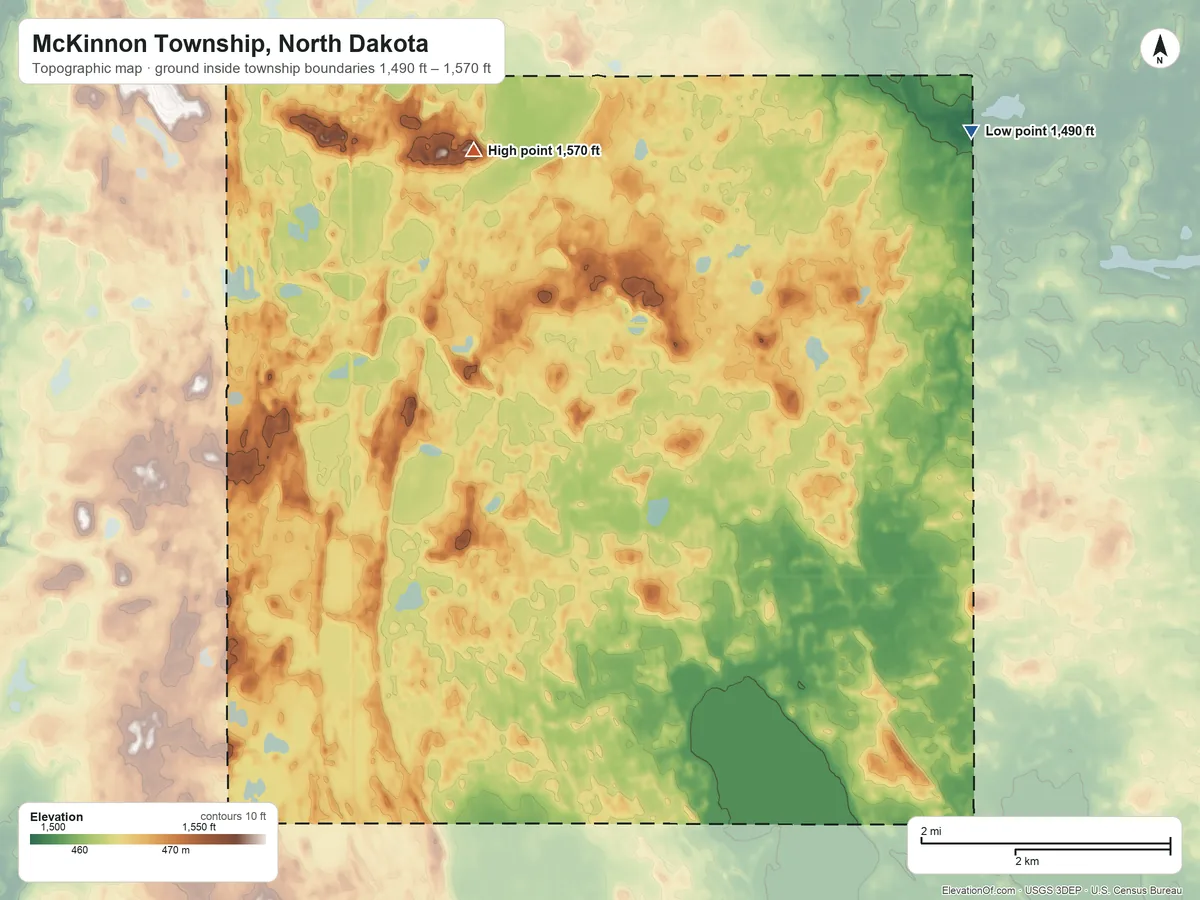 Topographic elevation map of McKinnon Township, North Dakota, shaded from 1,490 ft on the northeast side to 1,570 ft on the northwest side