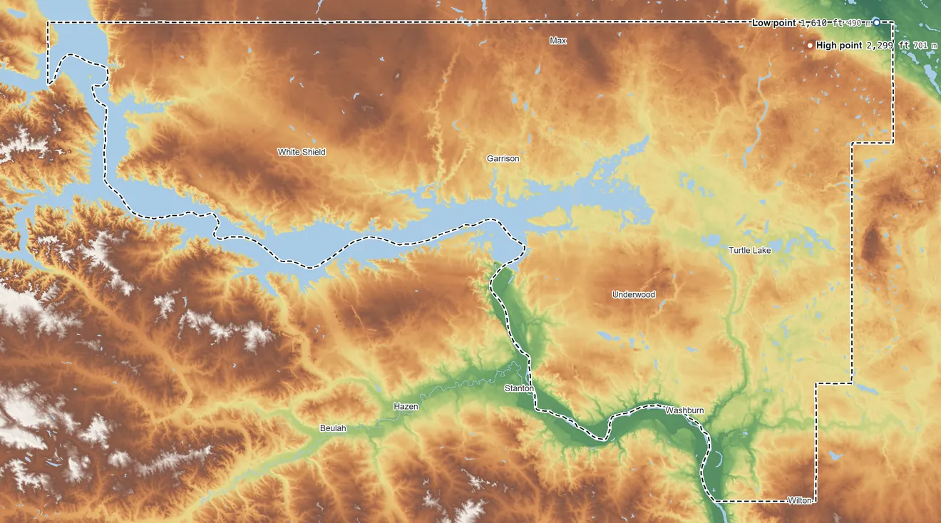 Topographic elevation map of McLean County, North Dakota, shaded from 1,610 ft on the northeast side to 2,299 ft on Dogden Butte