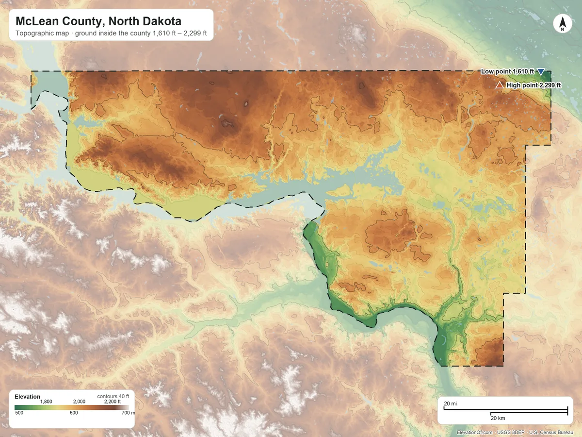 Topographic elevation map of McLean County, North Dakota, shaded from 1,610 ft on the northeast side to 2,299 ft on Dogden Butte