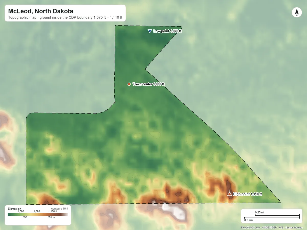 Topographic elevation map of McLeod, North Dakota, shaded from 1,070 ft on the north side to 1,110 ft on the southeast side