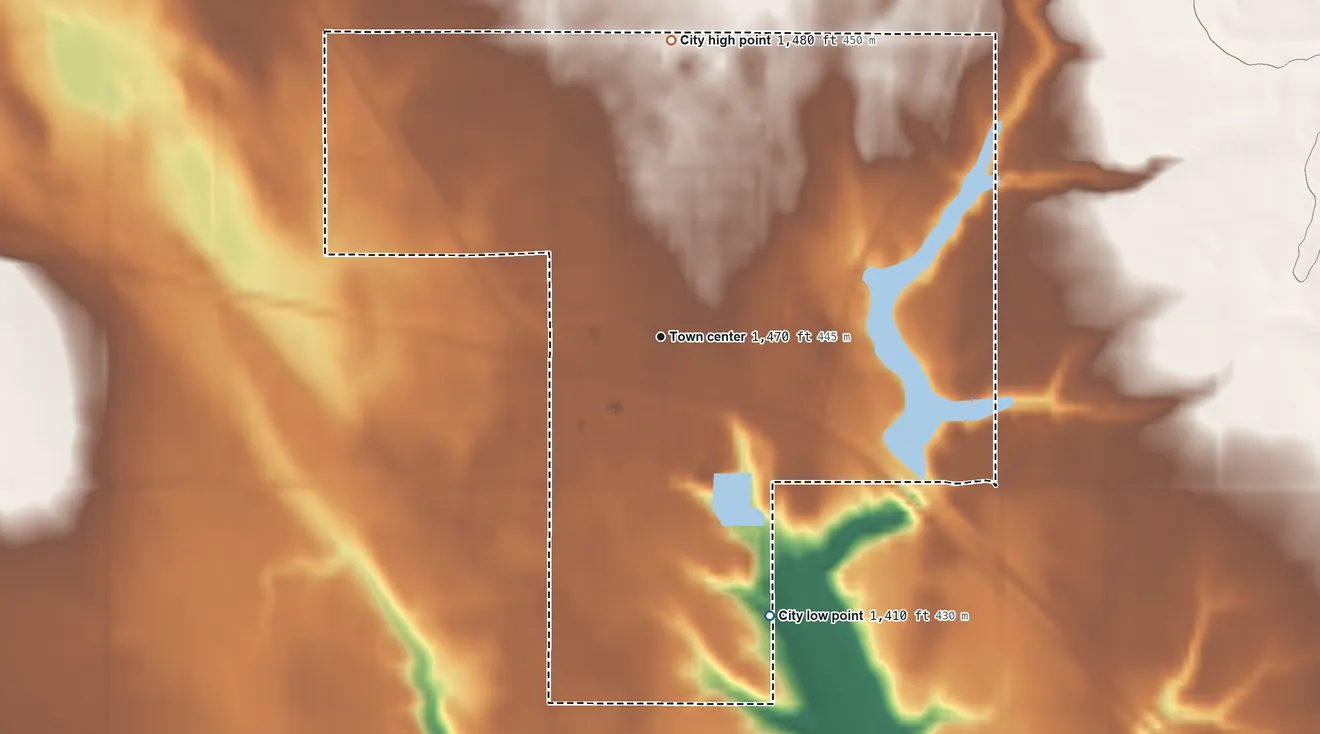 Topographic elevation map of McVille, North Dakota, shaded from 1,410 ft on the south side to 1,480 ft on the north side