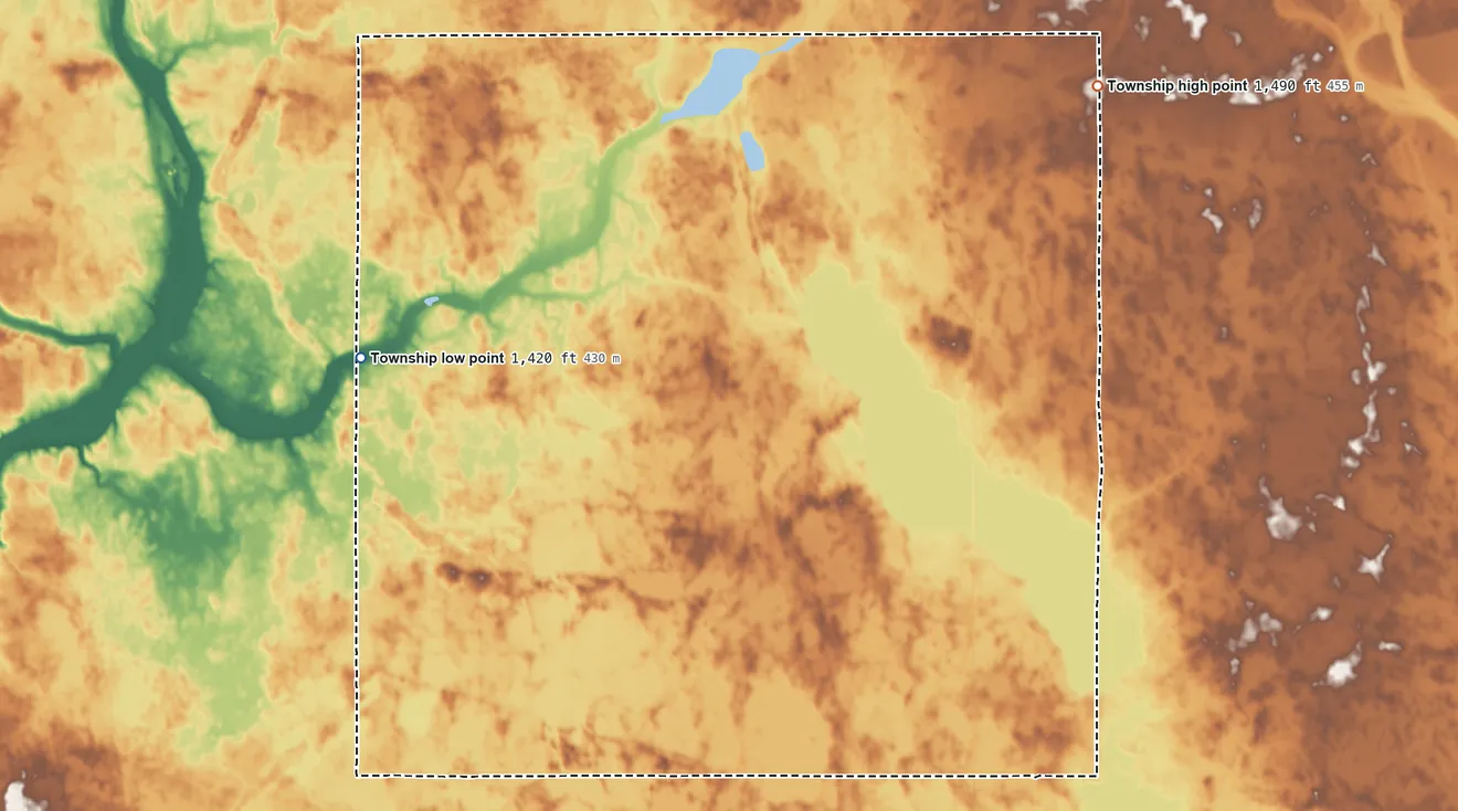Topographic elevation map of Meadow Lake Township, North Dakota, shaded from 1,420 ft on the west side to 1,490 ft on the northeast side