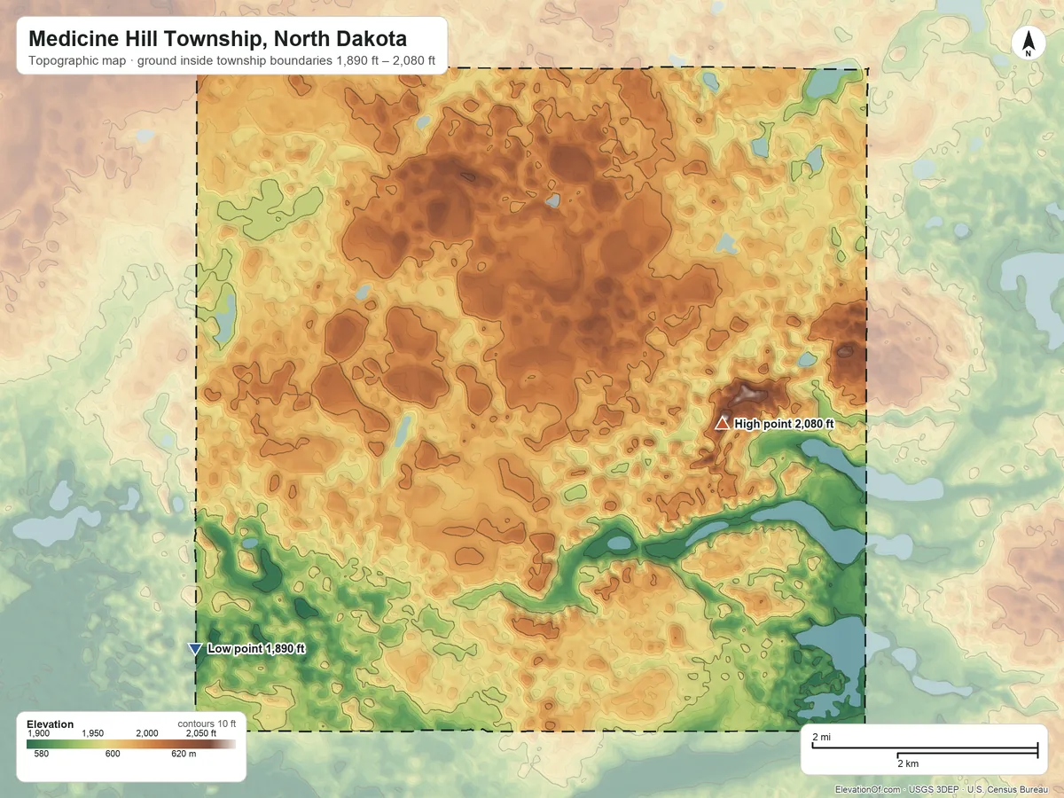 Topographic elevation map of Medicine Hill Township, North Dakota, shaded from 1,890 ft on the southwest side to 2,080 ft on the southeast side