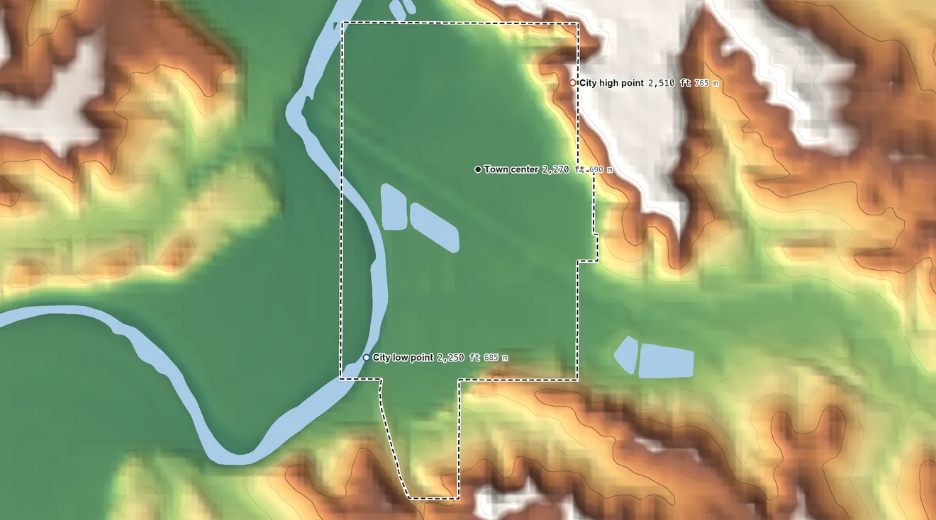 Topographic elevation map of Medora, North Dakota, shaded from 2,250 ft on the southwest side to 2,510 ft on the northeast side