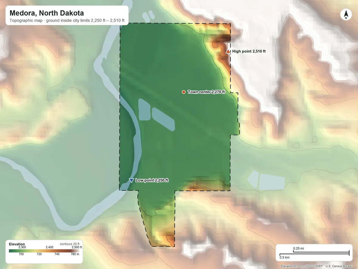 Topographic elevation map of Medora, North Dakota, shaded from 2,250 ft on the southwest side to 2,510 ft on the northeast side