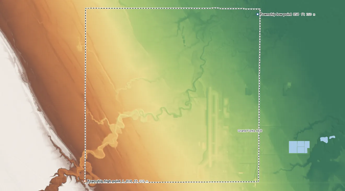 Topographic elevation map of Mekinock Township, North Dakota, shaded from 850 ft on the north side to 1,010 ft on the west side