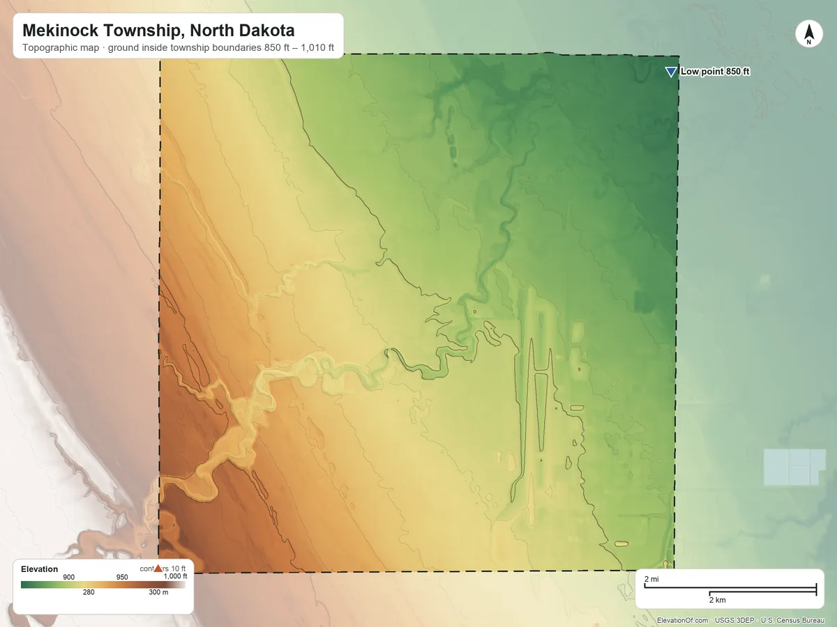 Topographic elevation map of Mekinock Township, North Dakota, shaded from 850 ft on the north side to 1,010 ft on the west side