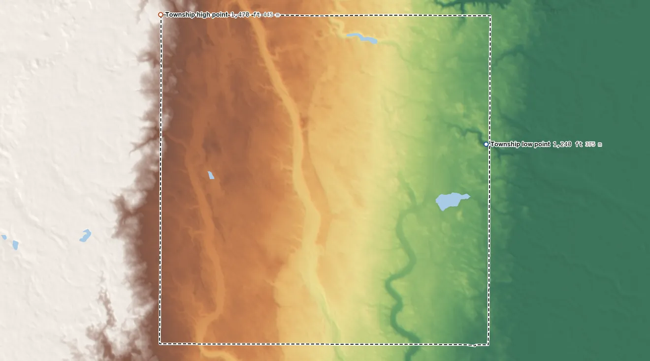 Topographic elevation map of Melrose Township, North Dakota, shaded from 1,240 ft on the east side to 1,470 ft on the northwest side