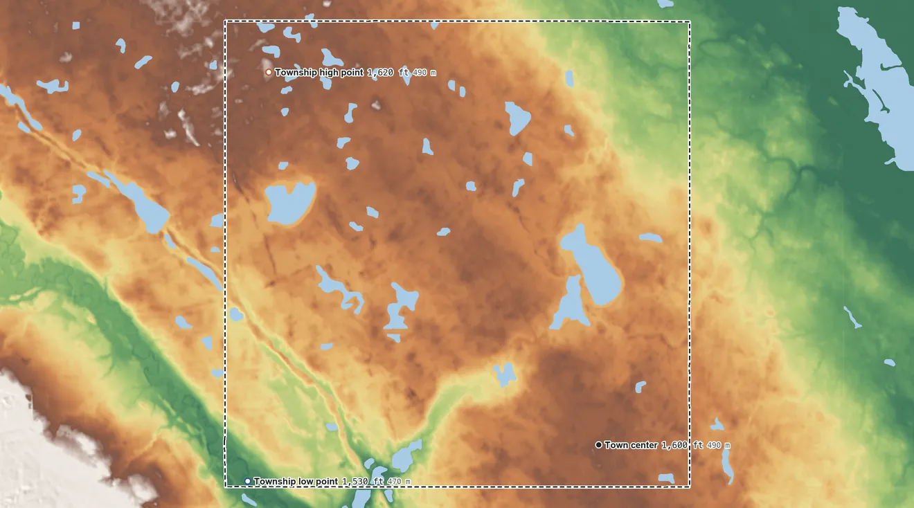 Topographic elevation map of Melville Township, North Dakota, shaded from 1,530 ft on the west side to 1,620 ft on the northwest side