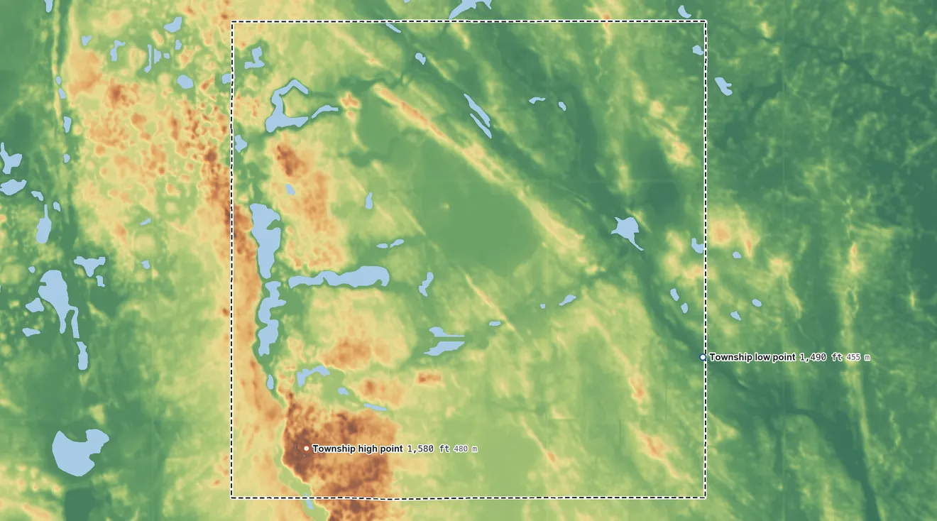 Topographic elevation map of Melvin Township, North Dakota, shaded from 1,490 ft on the southeast side to 1,580 ft on the southwest side