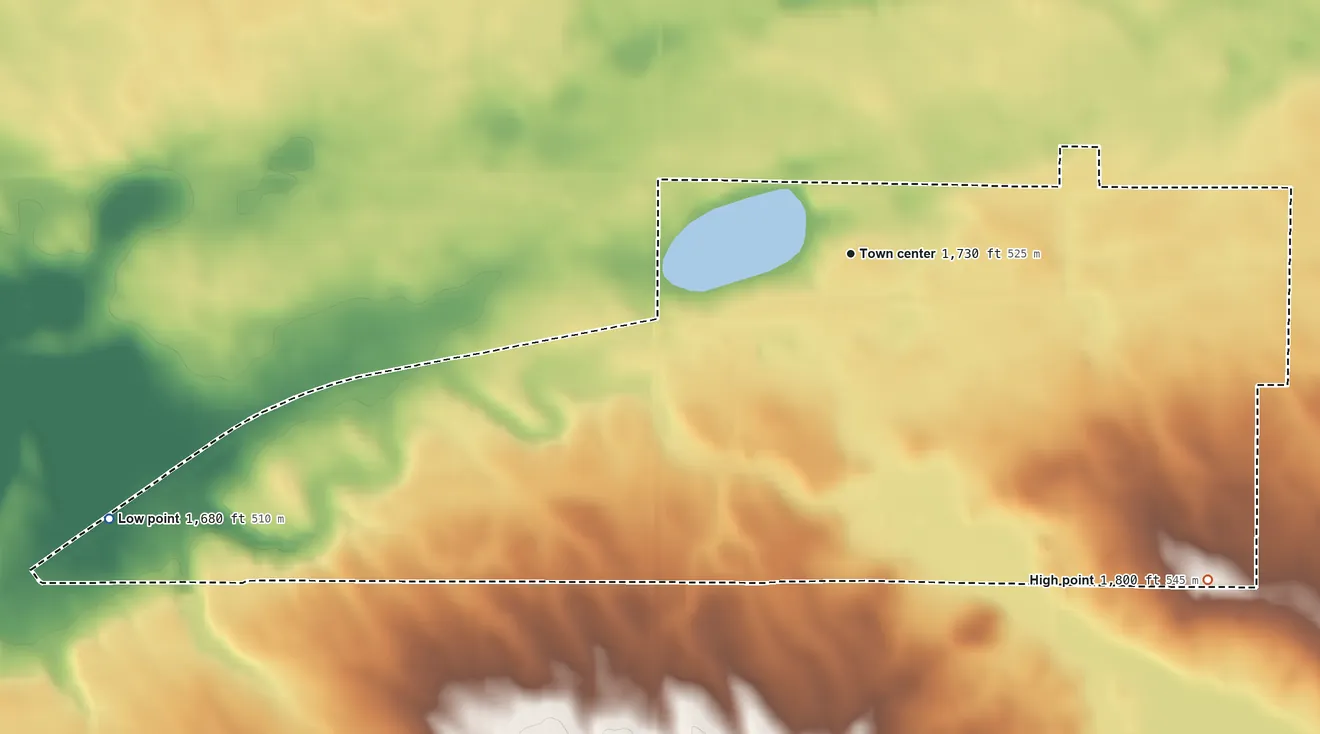 Topographic elevation map of Menoken, North Dakota, shaded from 1,680 ft on the west side to 1,800 ft on the southeast side