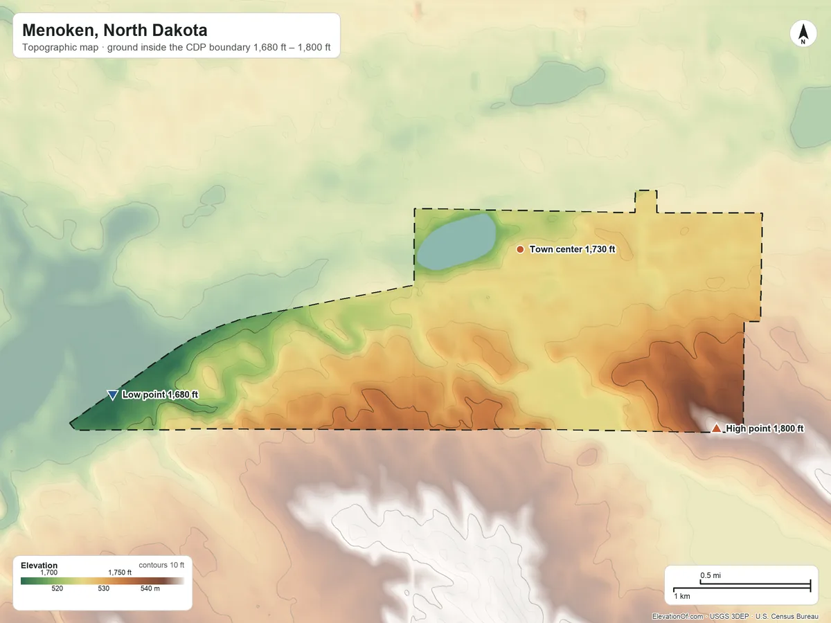 Topographic elevation map of Menoken, North Dakota, shaded from 1,680 ft on the west side to 1,800 ft on the southeast side