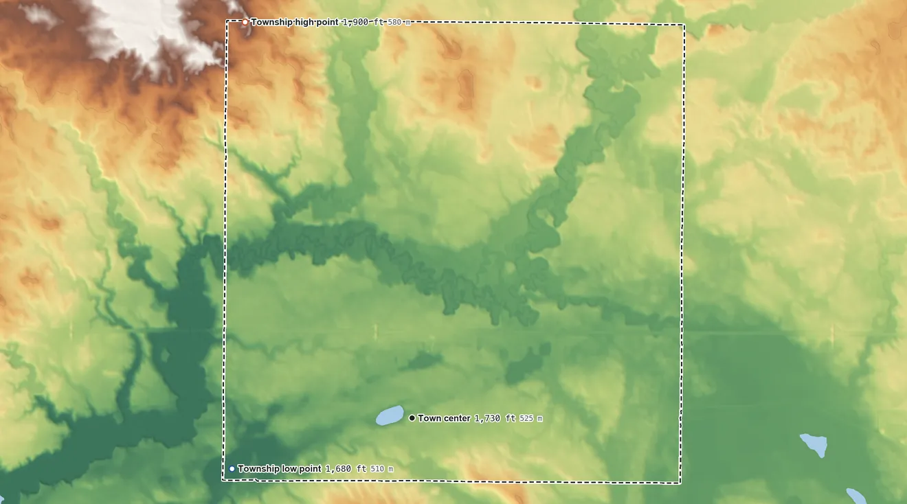Topographic elevation map of Menoken Township, North Dakota, shaded from 1,680 ft on the west side to 1,900 ft on the northwest side