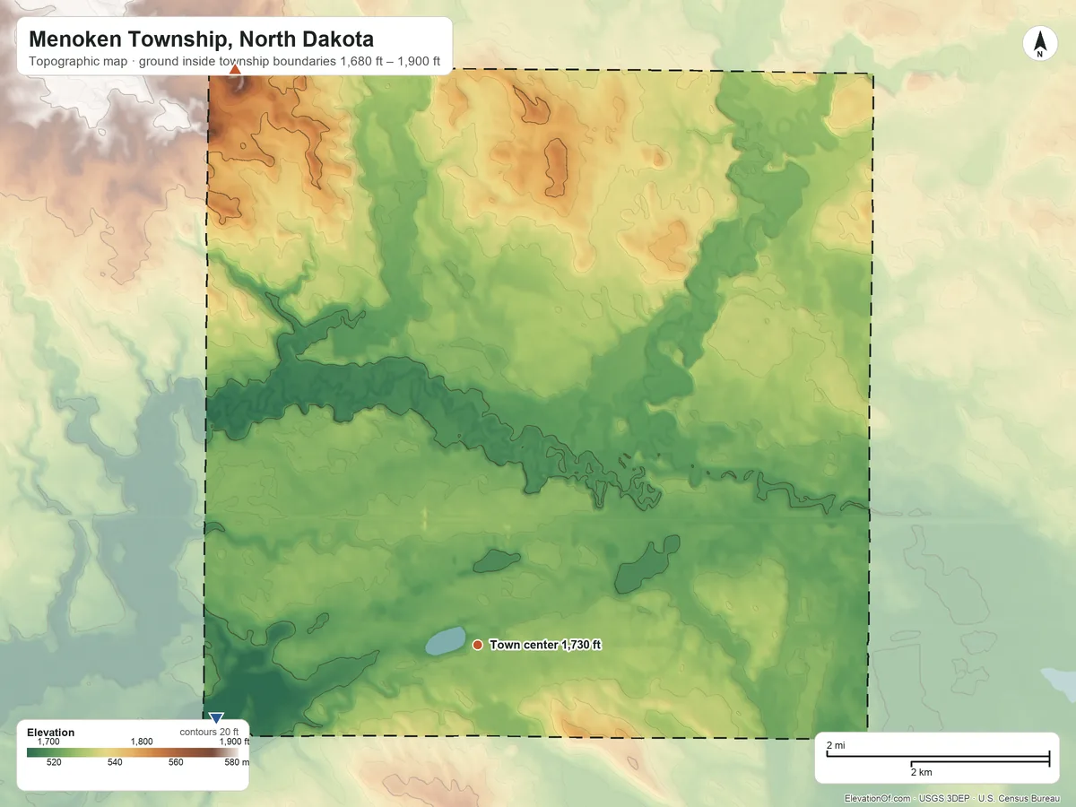 Topographic elevation map of Menoken Township, North Dakota, shaded from 1,680 ft on the west side to 1,900 ft on the northwest side
