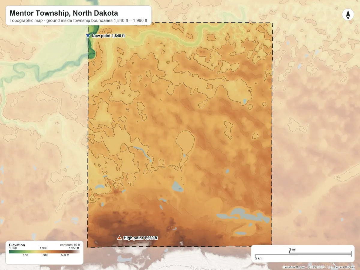 Topographic elevation map of Mentor Township, North Dakota, shaded from 1,840 ft on the northwest side to 1,960 ft on the southwest side