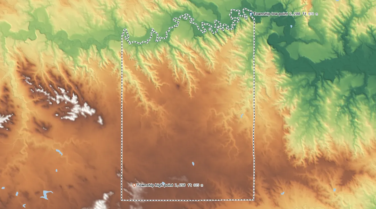 Topographic elevation map of Menz Township, North Dakota, shaded from 2,200 ft on the northeast side to 2,650 ft on the south side