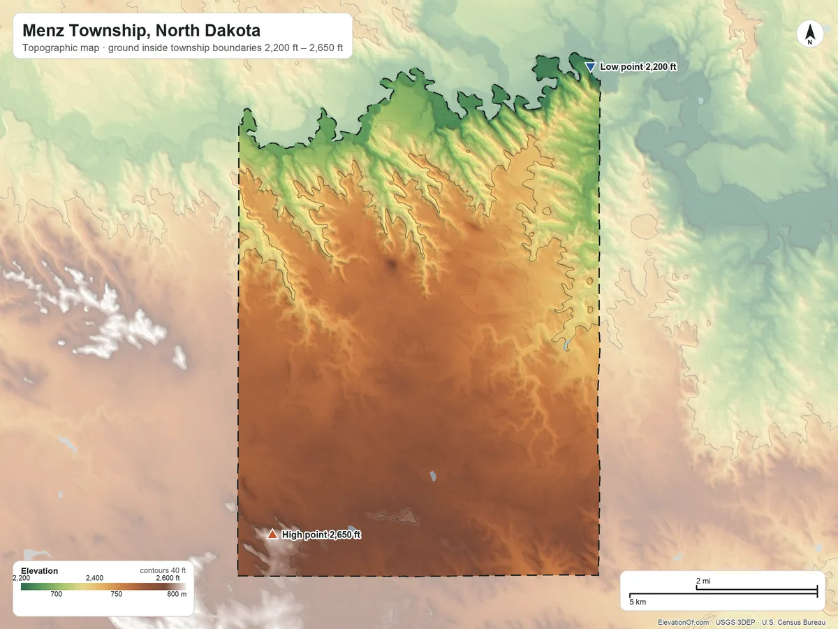 Topographic elevation map of Menz Township, North Dakota, shaded from 2,200 ft on the northeast side to 2,650 ft on the south side