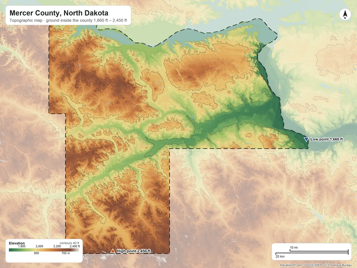 Topographic elevation map of Mercer County, North Dakota, shaded from 1,660 ft on the east side to 2,450 ft on the southwest side
