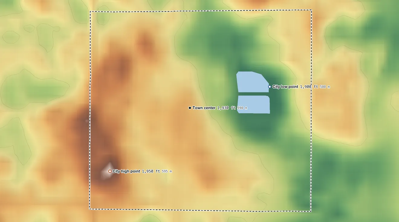 Topographic elevation map of Mercer, North Dakota, shaded from 1,900 ft on the east side to 1,950 ft on the southwest side