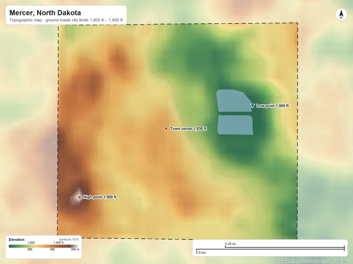 Topographic elevation map of Mercer, North Dakota, shaded from 1,900 ft on the east side to 1,950 ft on the southwest side