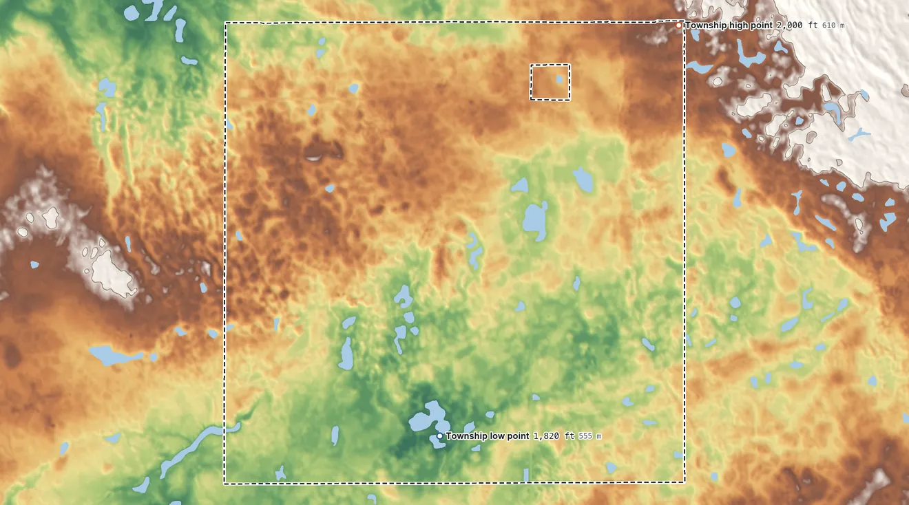 Topographic elevation map of Mercer Township, North Dakota, shaded from 1,820 ft on the south side to 2,000 ft on the northeast side
