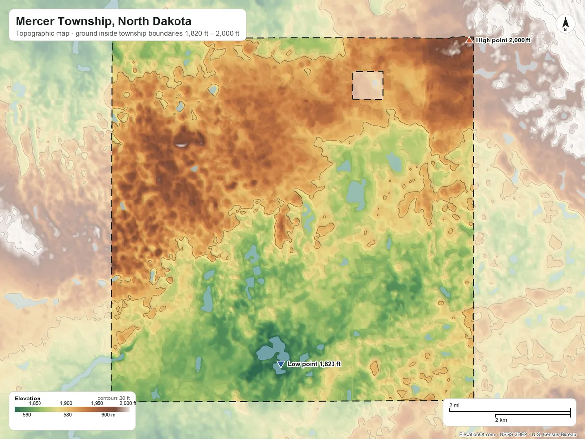 Topographic elevation map of Mercer Township, North Dakota, shaded from 1,820 ft on the south side to 2,000 ft on the northeast side
