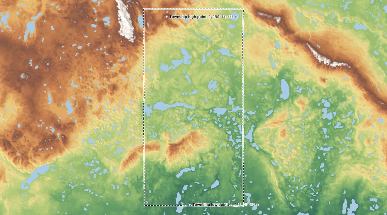 Topographic elevation map of Merkel Township, North Dakota, shaded from 1,770 ft on the south side to 2,150 ft on the north side