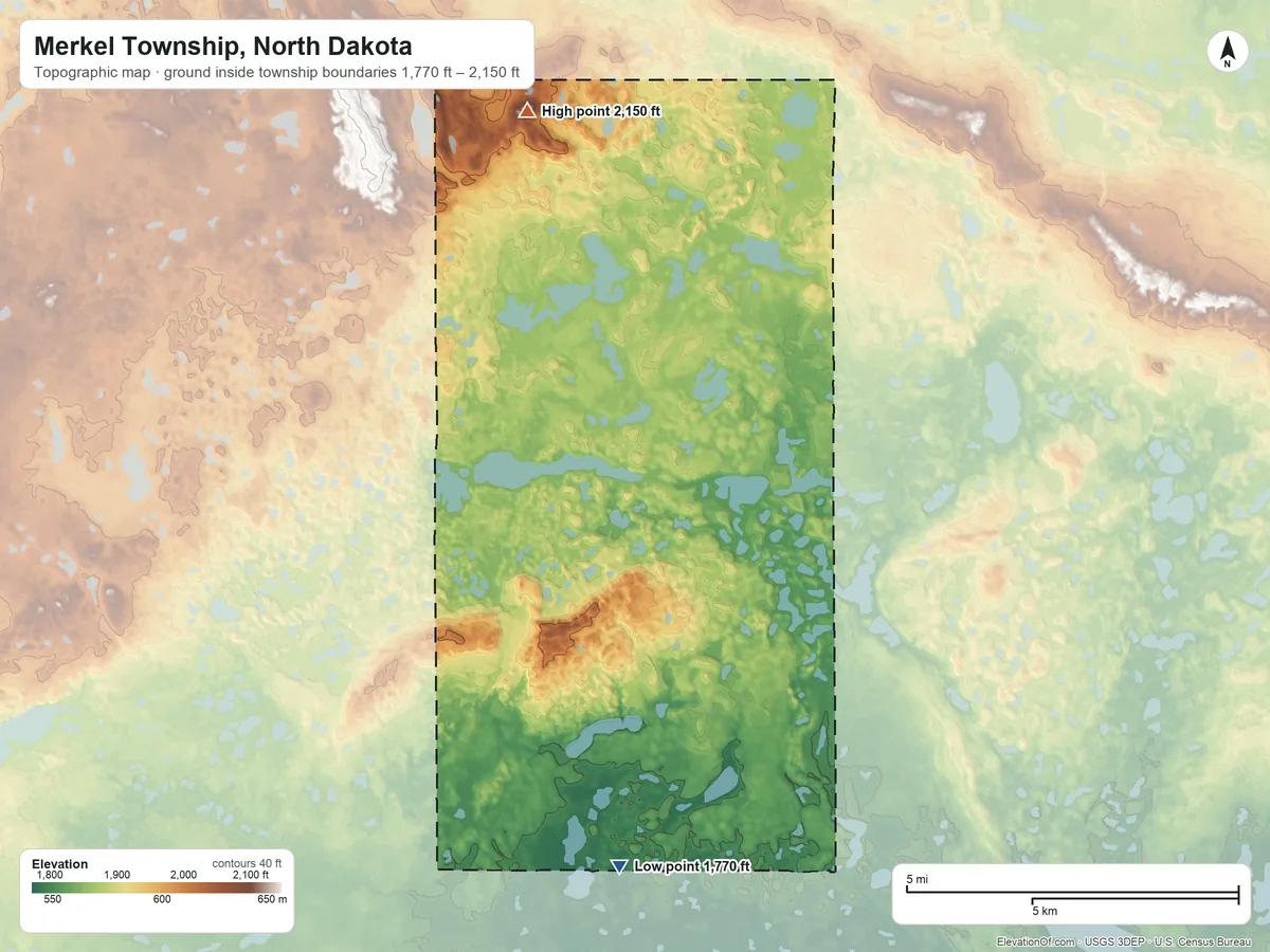 Topographic elevation map of Merkel Township, North Dakota, shaded from 1,770 ft on the south side to 2,150 ft on the north side