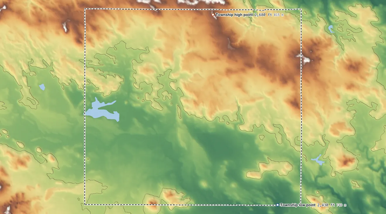 Topographic elevation map of Merrill Township, North Dakota, shaded from 2,430 ft on the southeast side to 2,680 ft on the north side
