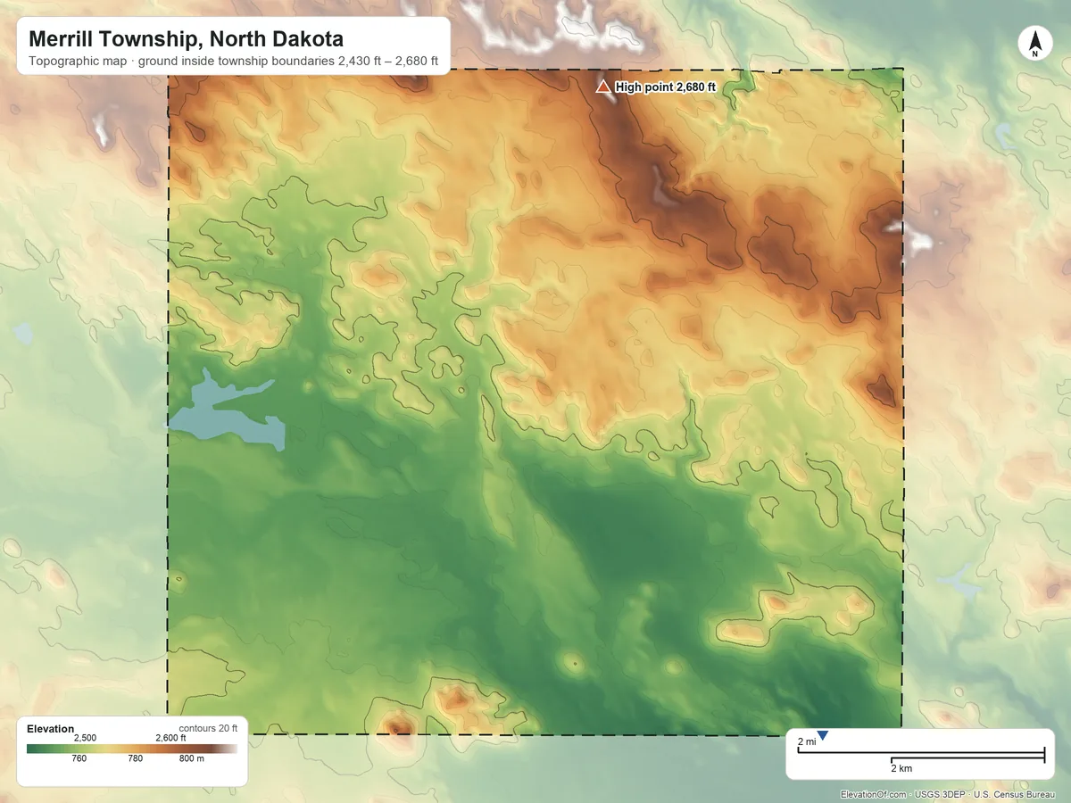 Topographic elevation map of Merrill Township, North Dakota, shaded from 2,430 ft on the southeast side to 2,680 ft on the north side