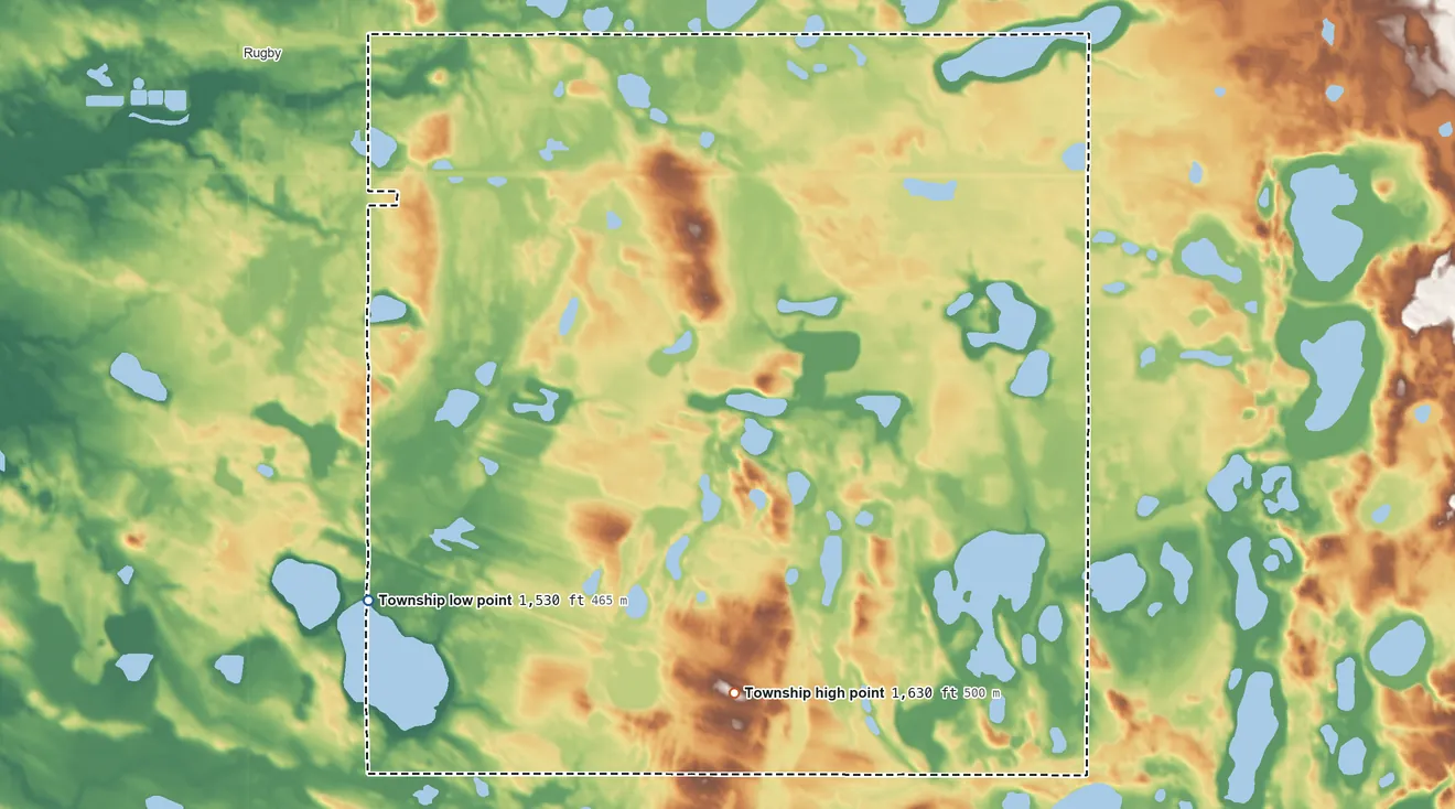 Topographic elevation map of Meyer Township, North Dakota, shaded from 1,530 ft on the southwest side to 1,630 ft on the south side