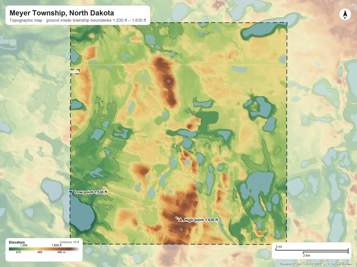 Topographic elevation map of Meyer Township, North Dakota, shaded from 1,530 ft on the southwest side to 1,630 ft on the south side