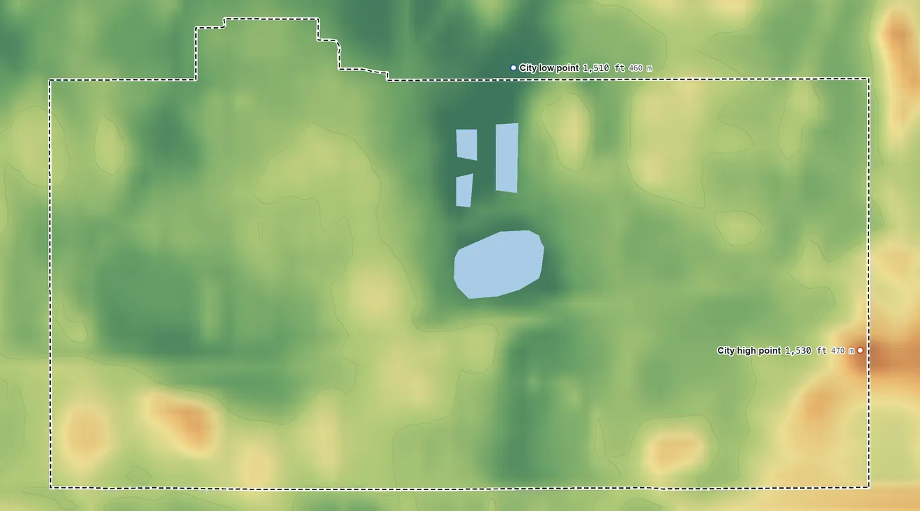 Topographic elevation map of Michigan City, North Dakota, shaded from 1,510 ft on the northeast side to 1,530 ft on the east side