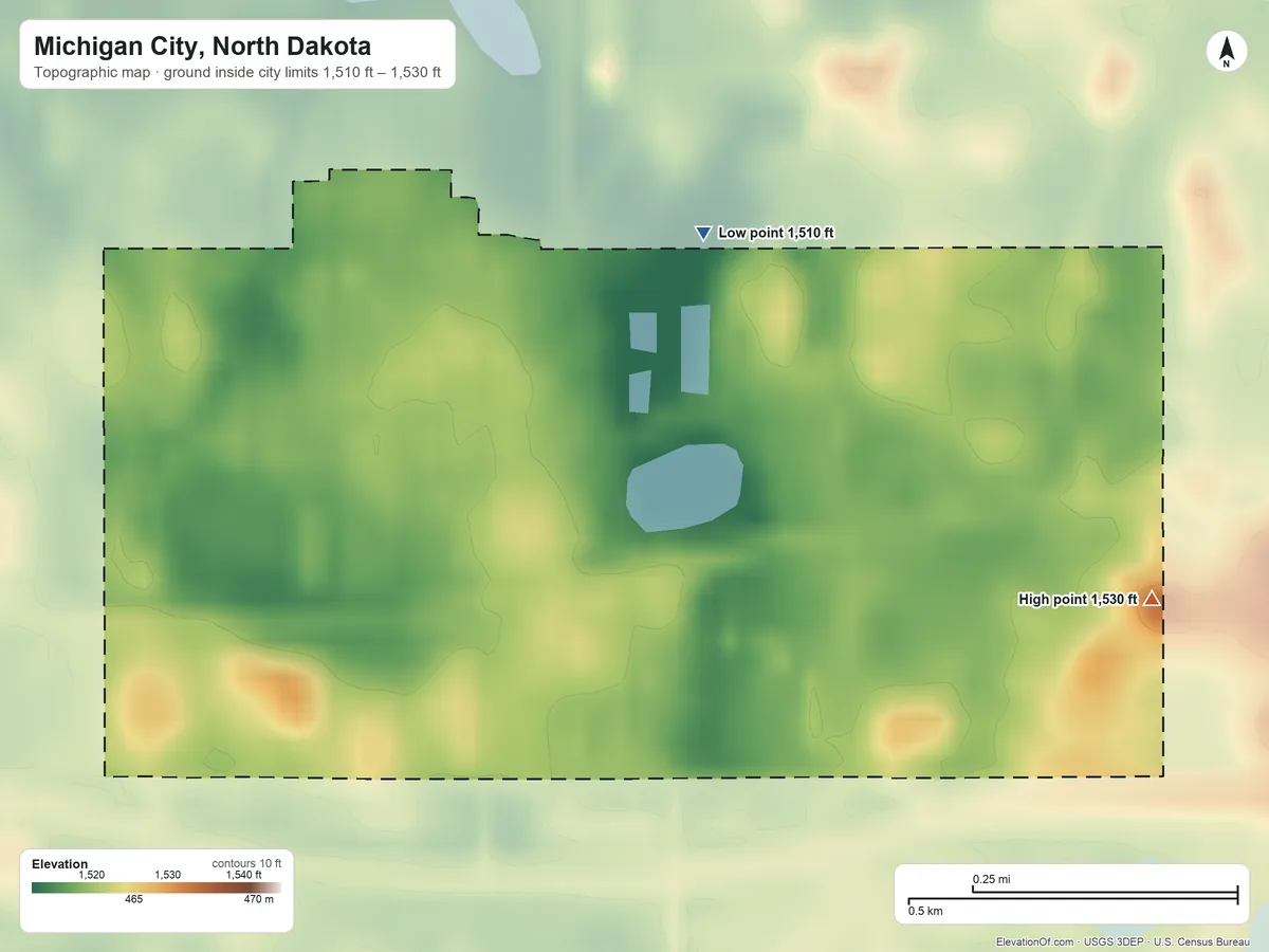 Topographic elevation map of Michigan City, North Dakota, shaded from 1,510 ft on the northeast side to 1,530 ft on the east side