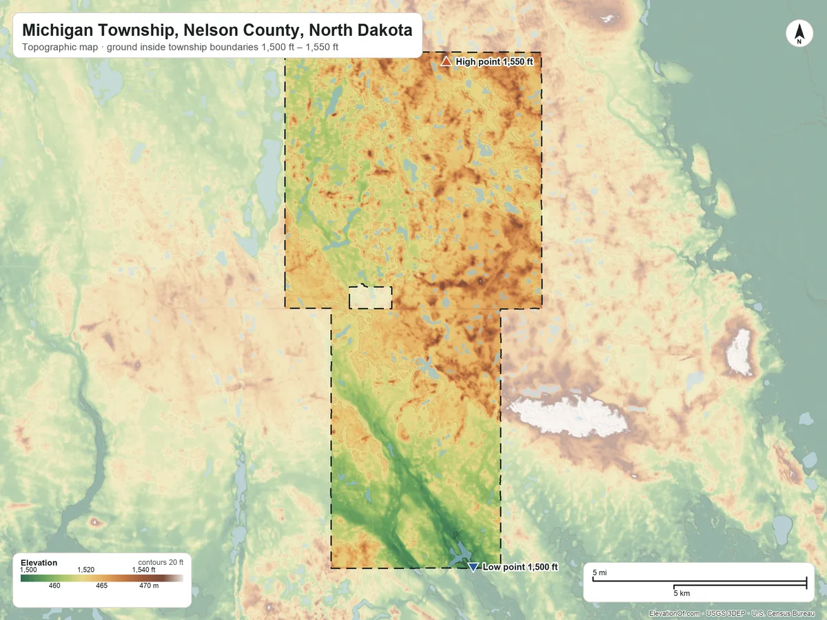 Topographic elevation map of Michigan Township, Nelson County, North Dakota, shaded from 1,500 ft on the south side to 1,550 ft on the north side