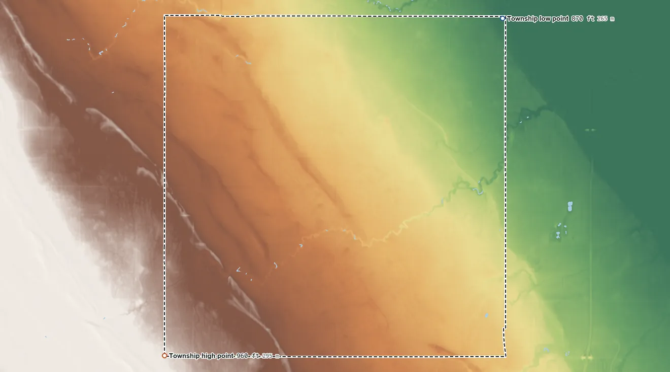 Topographic elevation map of Michigan Township, North Dakota, shaded from 870 ft on the northeast side to 960 ft on the southwest side