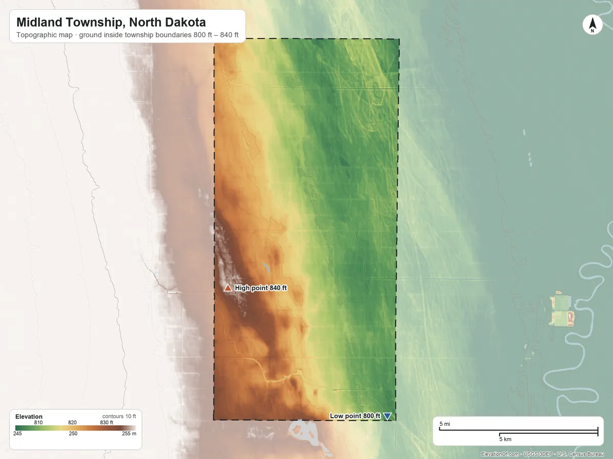 Topographic elevation map of Midland Township, North Dakota, shaded from 800 ft on the southeast side to 840 ft on the west side