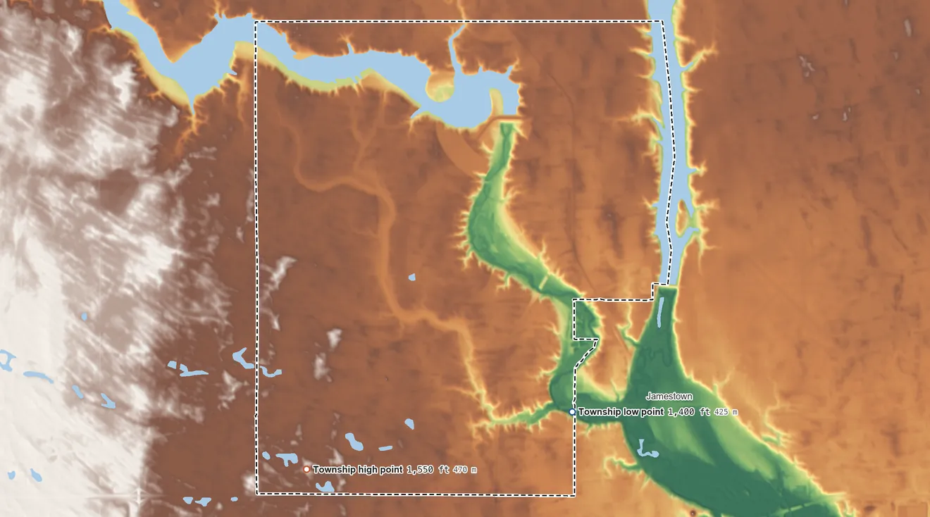 Topographic elevation map of Midway Township, North Dakota, shaded from 1,400 ft on the south side to 1,550 ft on the southwest side