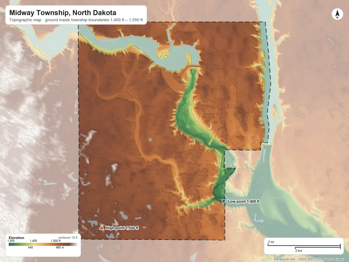 Topographic elevation map of Midway Township, North Dakota, shaded from 1,400 ft on the south side to 1,550 ft on the southwest side