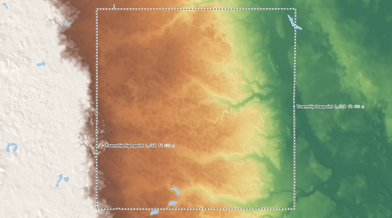 Topographic elevation map of Mikkelson Township, North Dakota, shaded from 1,510 ft on the east side to 1,760 ft on the southwest side