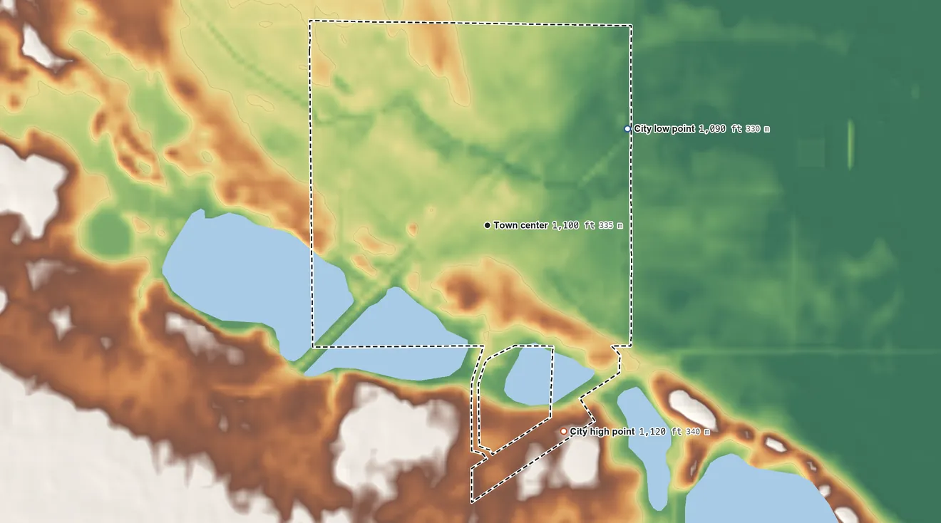Topographic elevation map of Milnor, North Dakota, shaded from 1,090 ft on the northeast side to 1,120 ft on the south side