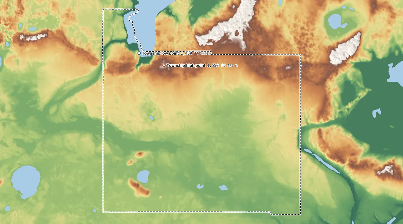 Topographic elevation map of Minco Township, North Dakota, shaded from 1,450 ft on the west side to 1,550 ft near the middle