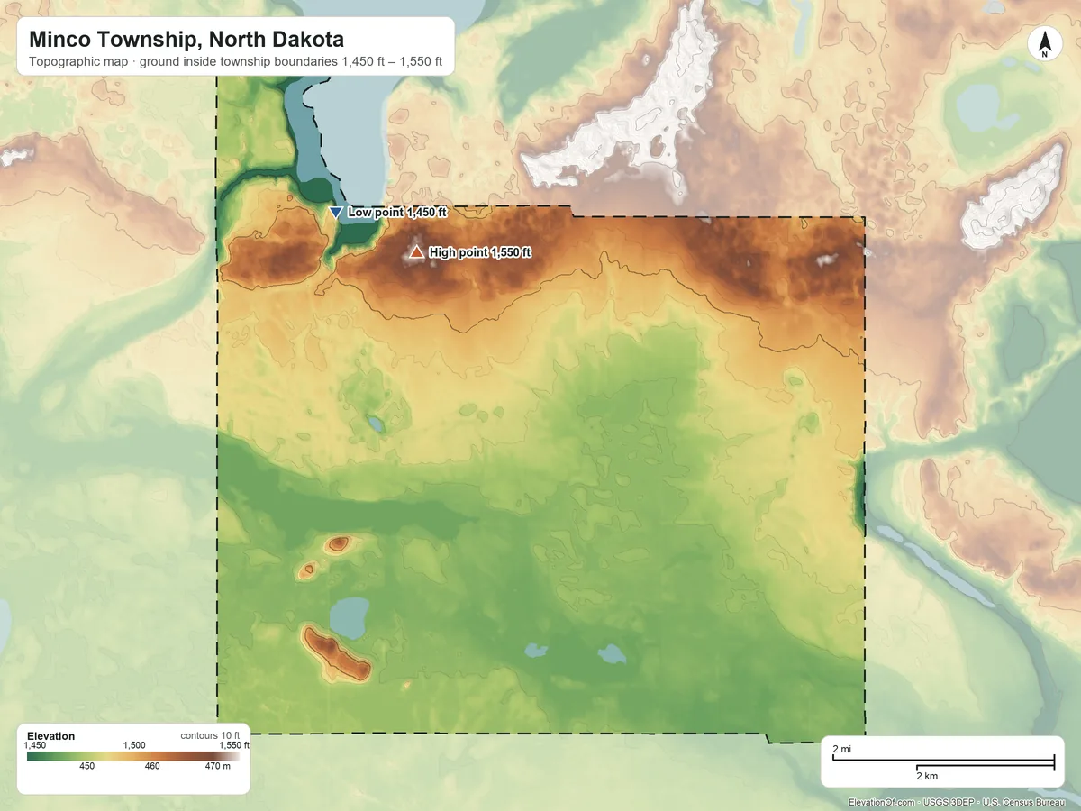 Topographic elevation map of Minco Township, North Dakota, shaded from 1,450 ft on the west side to 1,550 ft near the middle