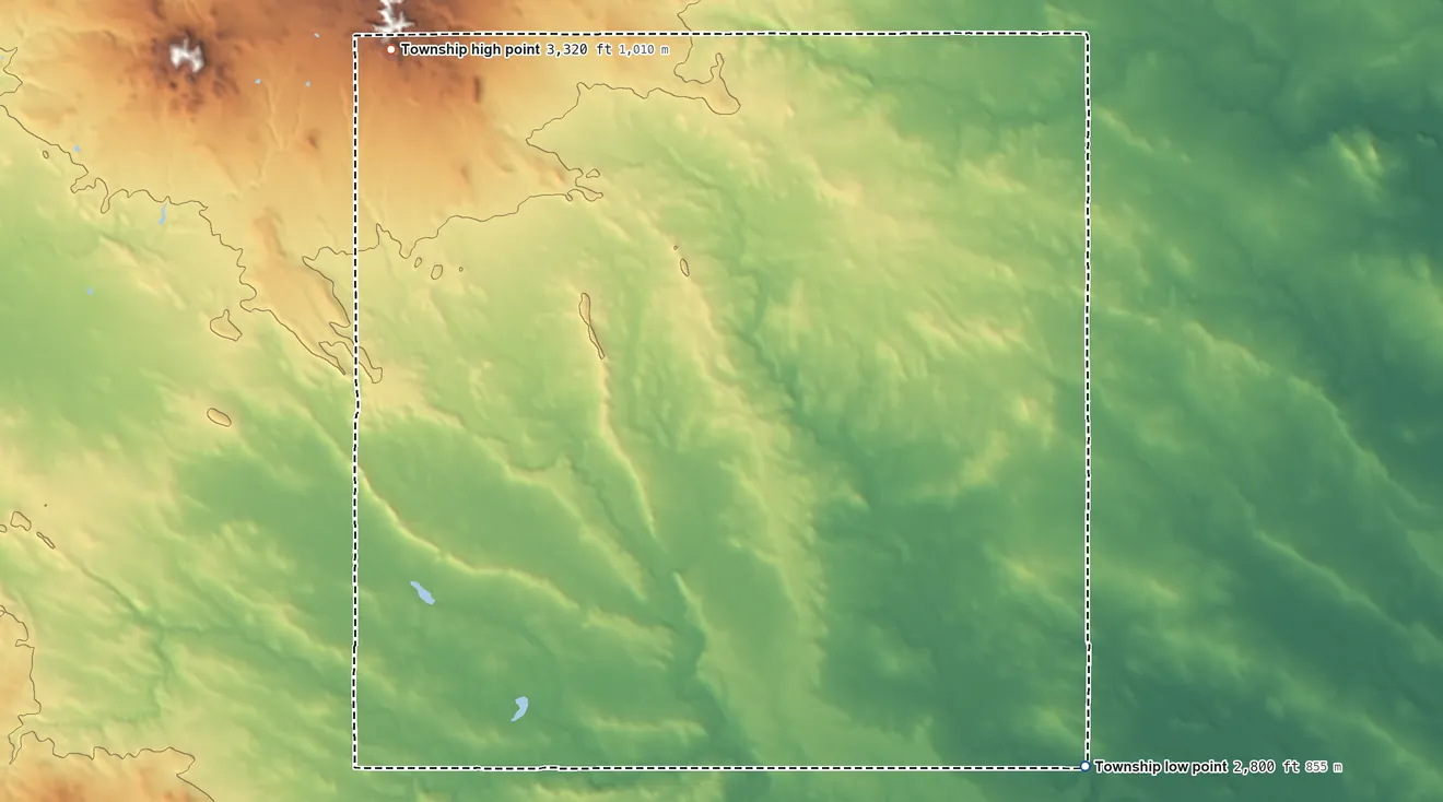 Topographic elevation map of Mineral Springs Township, North Dakota, shaded from 2,800 ft on the southeast side to 3,320 ft on the north edge, below higher ground just outside