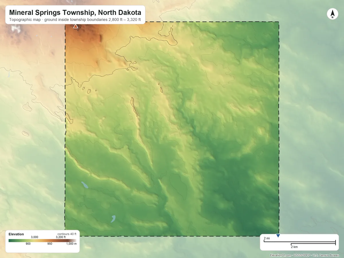 Topographic elevation map of Mineral Springs Township, North Dakota, shaded from 2,800 ft on the southeast side to 3,320 ft on the north edge, below higher ground just outside