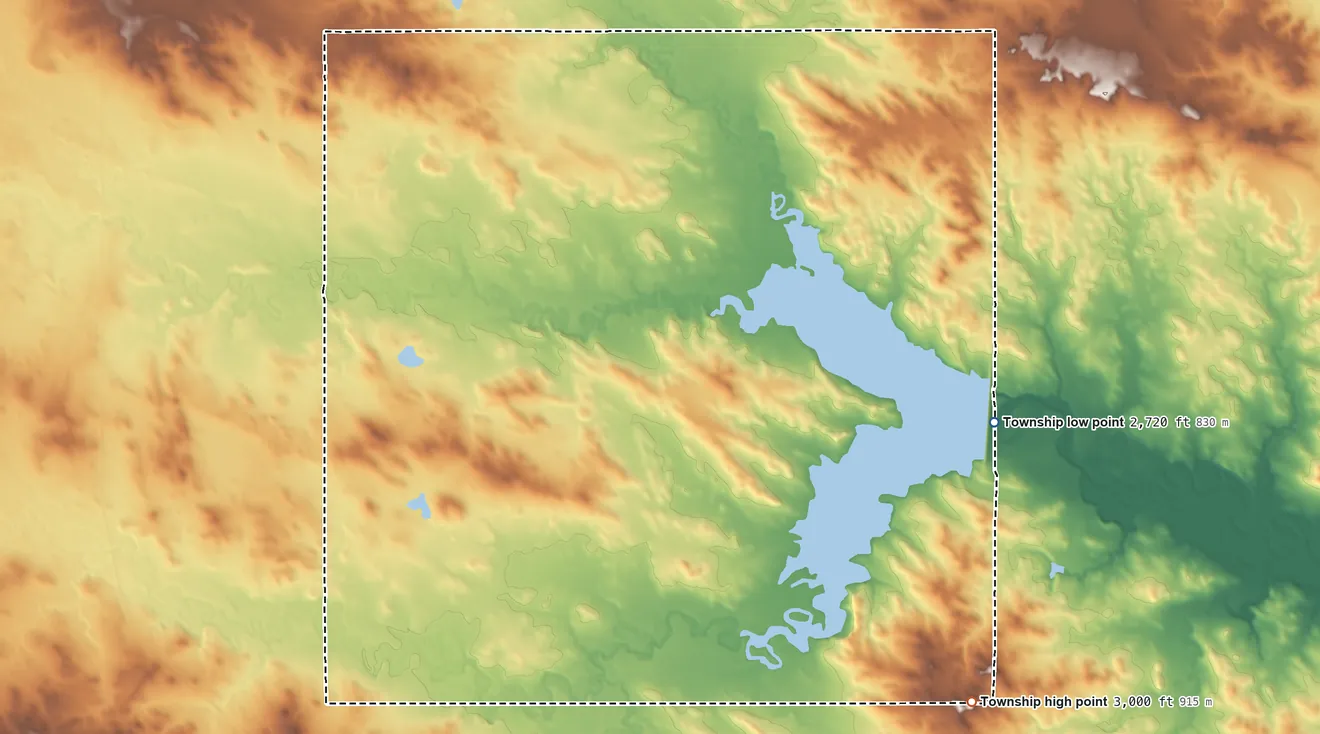 Topographic elevation map of Minnehaha Township, North Dakota, shaded from 2,720 ft on the east side to 3,000 ft on the southeast side