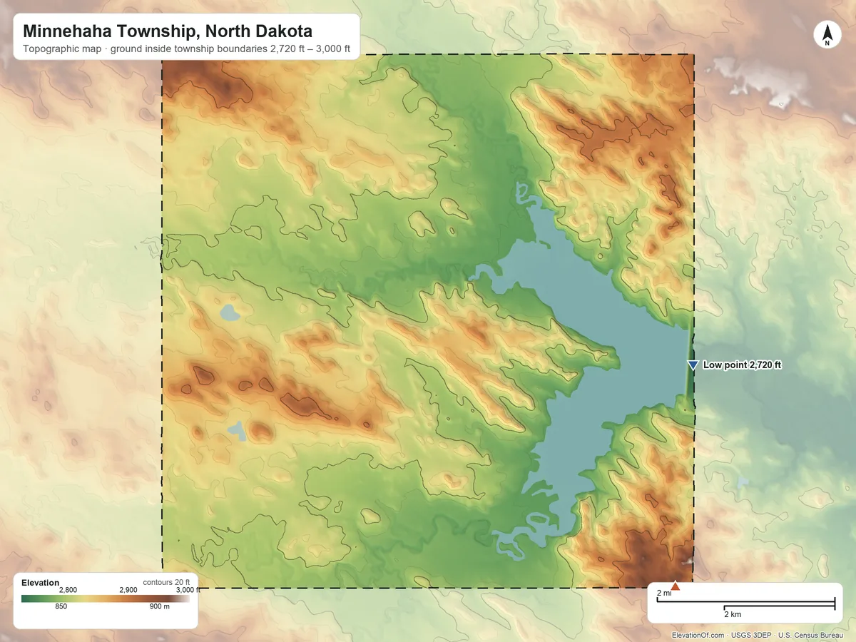 Topographic elevation map of Minnehaha Township, North Dakota, shaded from 2,720 ft on the east side to 3,000 ft on the southeast side