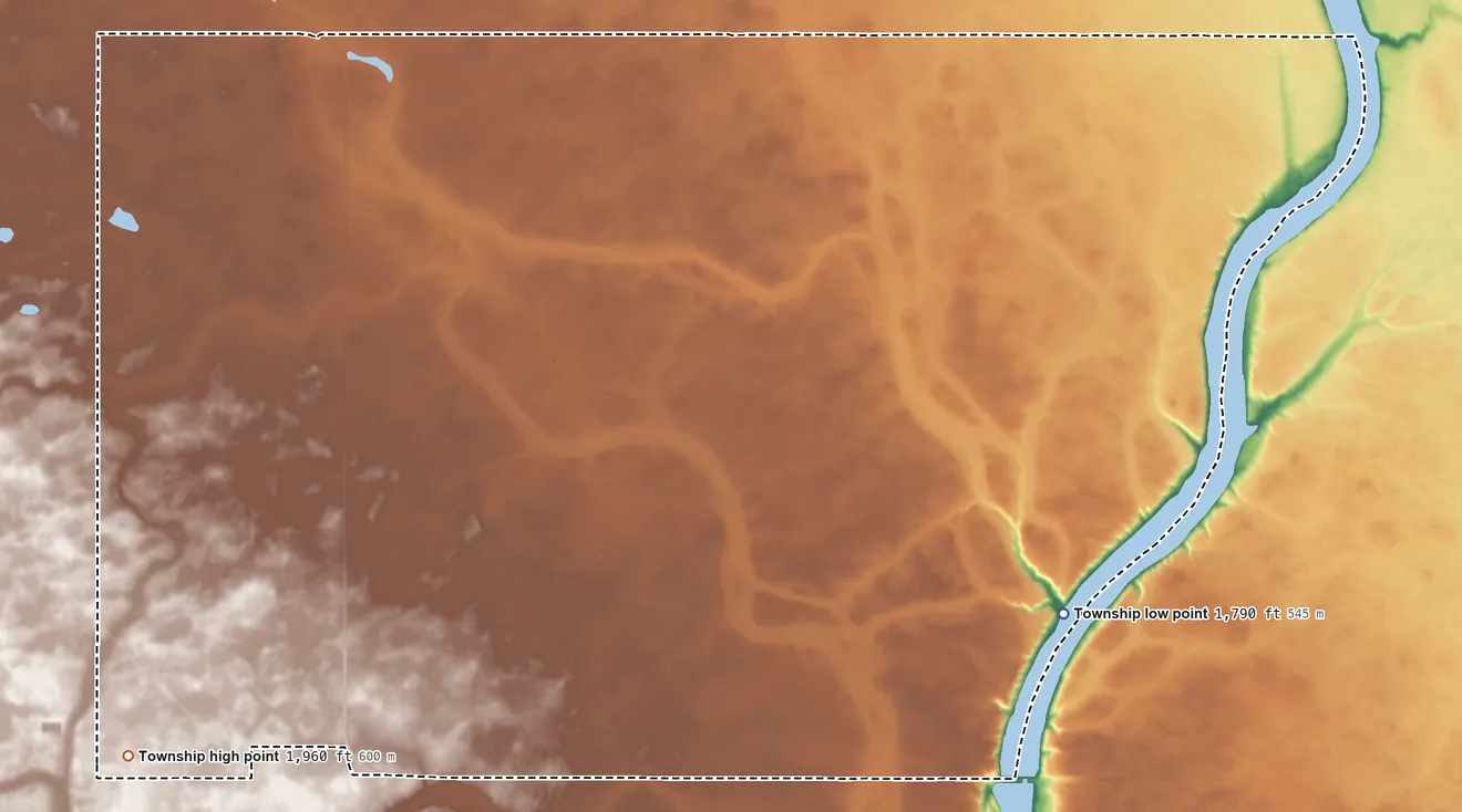 Topographic elevation map of Minnesota Township, North Dakota, shaded from 1,790 ft on the southeast side to 1,960 ft on the southwest side