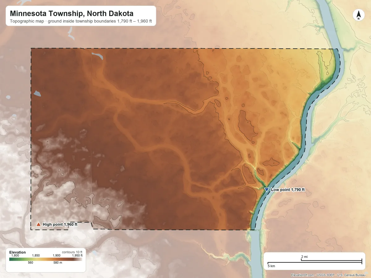 Topographic elevation map of Minnesota Township, North Dakota, shaded from 1,790 ft on the southeast side to 1,960 ft on the southwest side